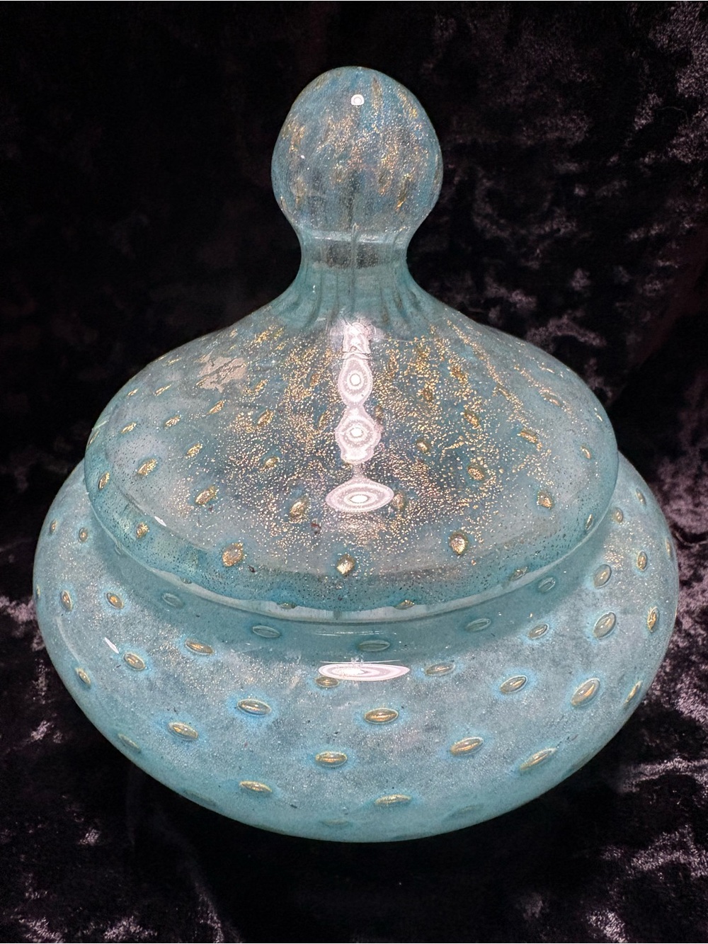 VTG Italian Murano Aventurine Bullicante Glass Vanity Jar Trinket Gold Flakes